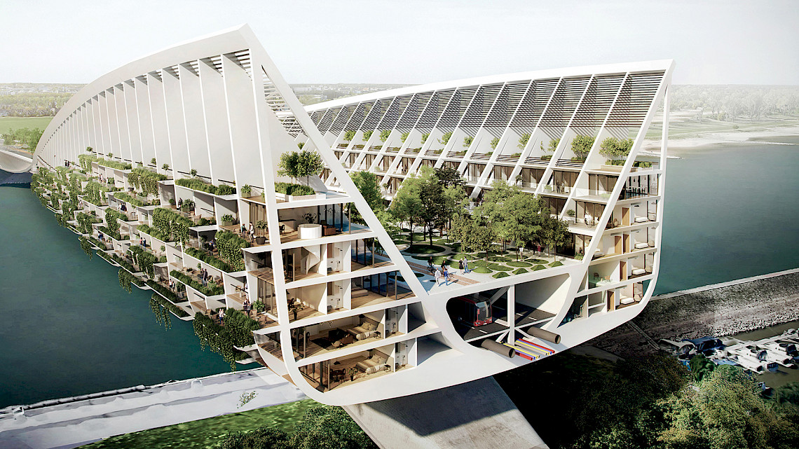 Querschnitt durch die Brücke mit Blick in Wohnungen, Gewerberäume, Park und Mobility-Untertunnelung. © Entwurf: RKW Architektur + Visualisierung: formtool