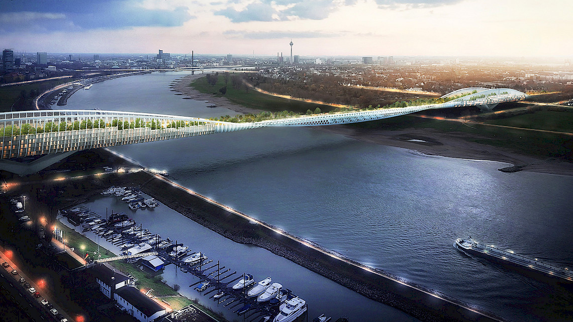 Ein Entwurf, der sich bei jedem Wetter sehen lassen kann: die „Green Bridge“ in Düsseldorf. © Entwurf: RKW Architektur + Visualisierung: formtool