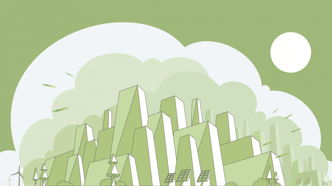 Abstrakte Illustration in Grüntönen einer futuristischen Stadt mit Wolkenkratzern